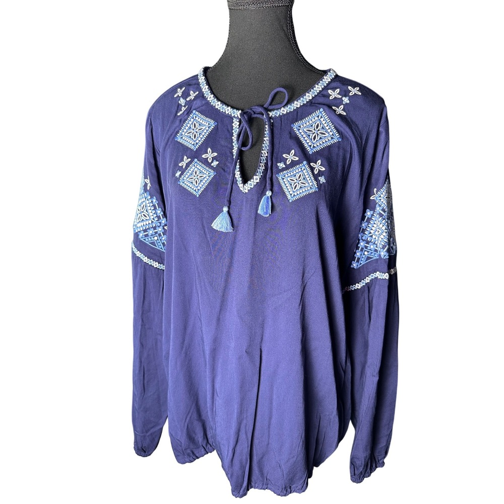 Southern Tide Navy Blue Embroidered Tassel V Neck Boho Tunic Top XL
